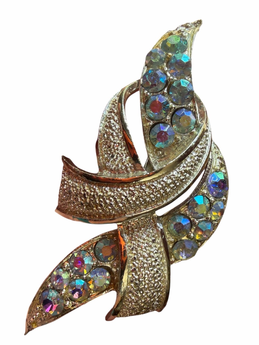 Vintage silver-toned Aurora Borealis Crystal Ribbon Brooch - Unbranded
